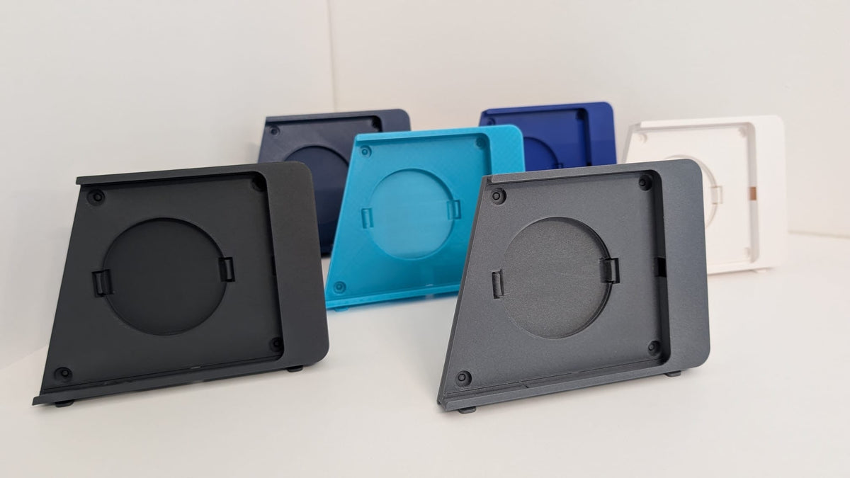 Allrent KIOSK mount color variants – black, blue, cyan, navy, white